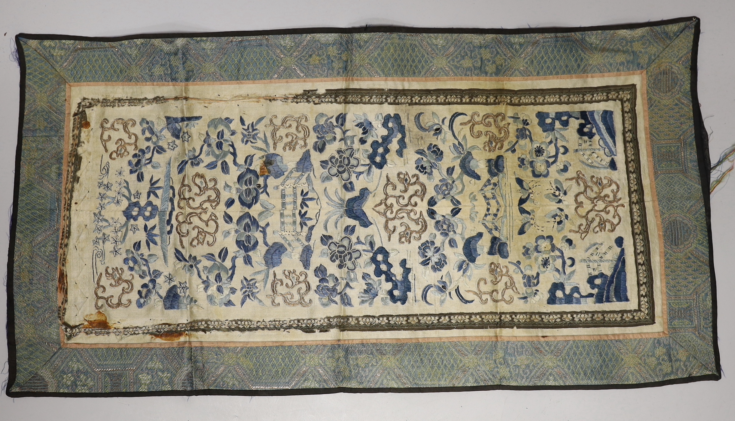 Three late 19th century Chinese silk embroidered panels, possibly made from sleeve bands, together with another pair of later embroidered sleeve bands and three other embroideries